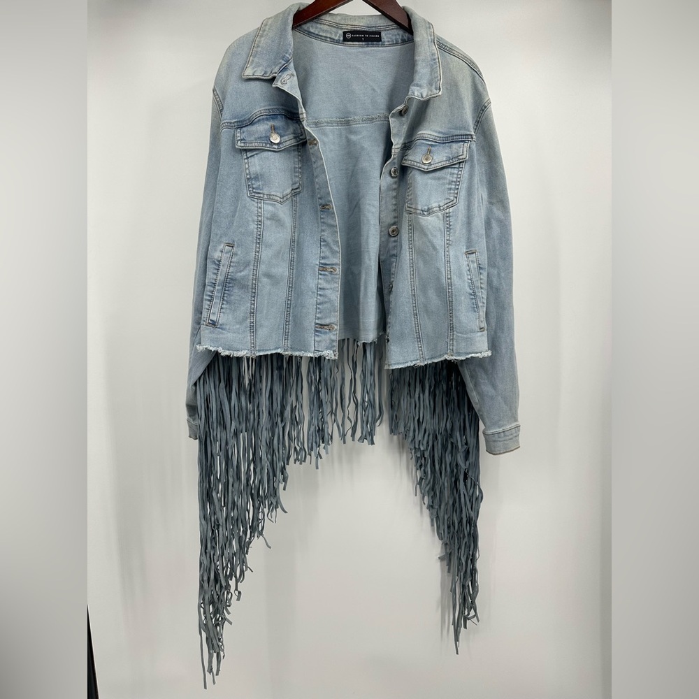 Fashion To Figure Ruthie Fringe Denim Trucker Jacket